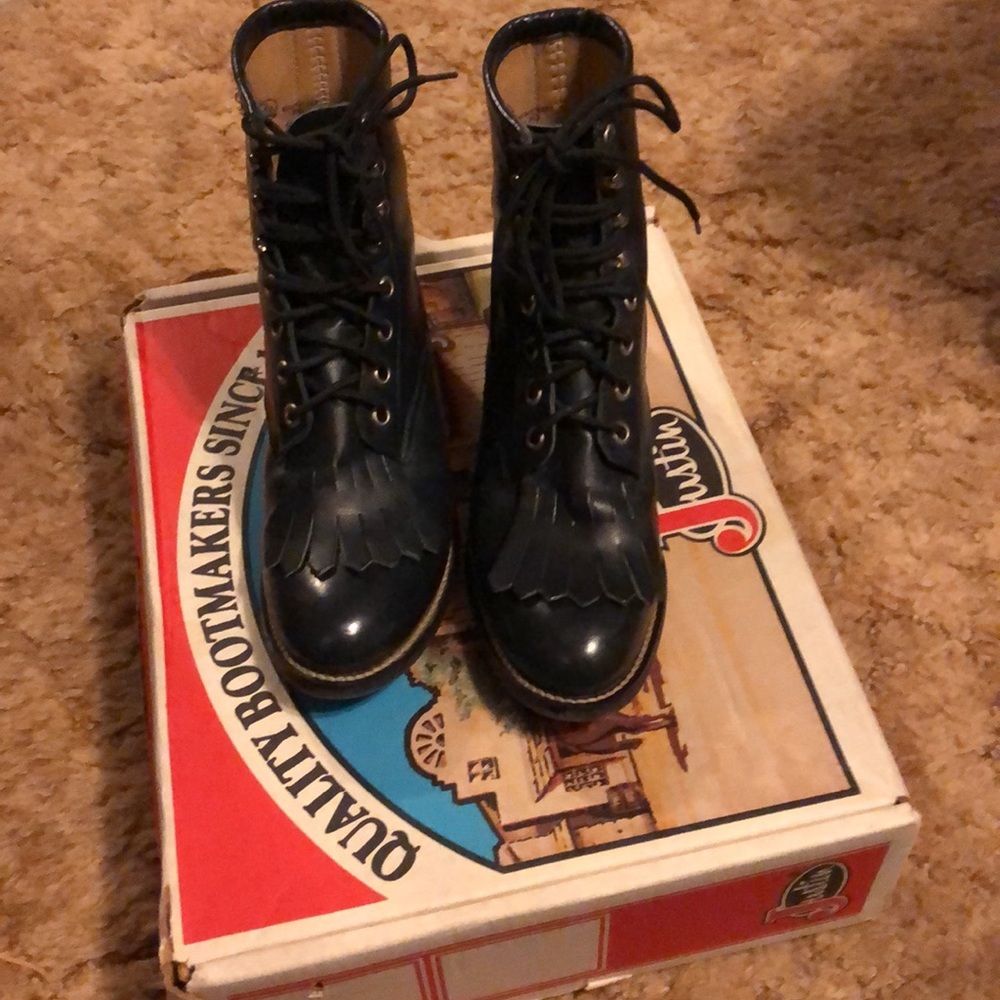 Junior H.J. Justin Boots Vamp Top Leather Navy Kipskin size 4 D.